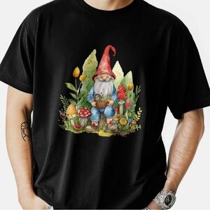 Black T-Shirt with Gnome and Mushroom Design